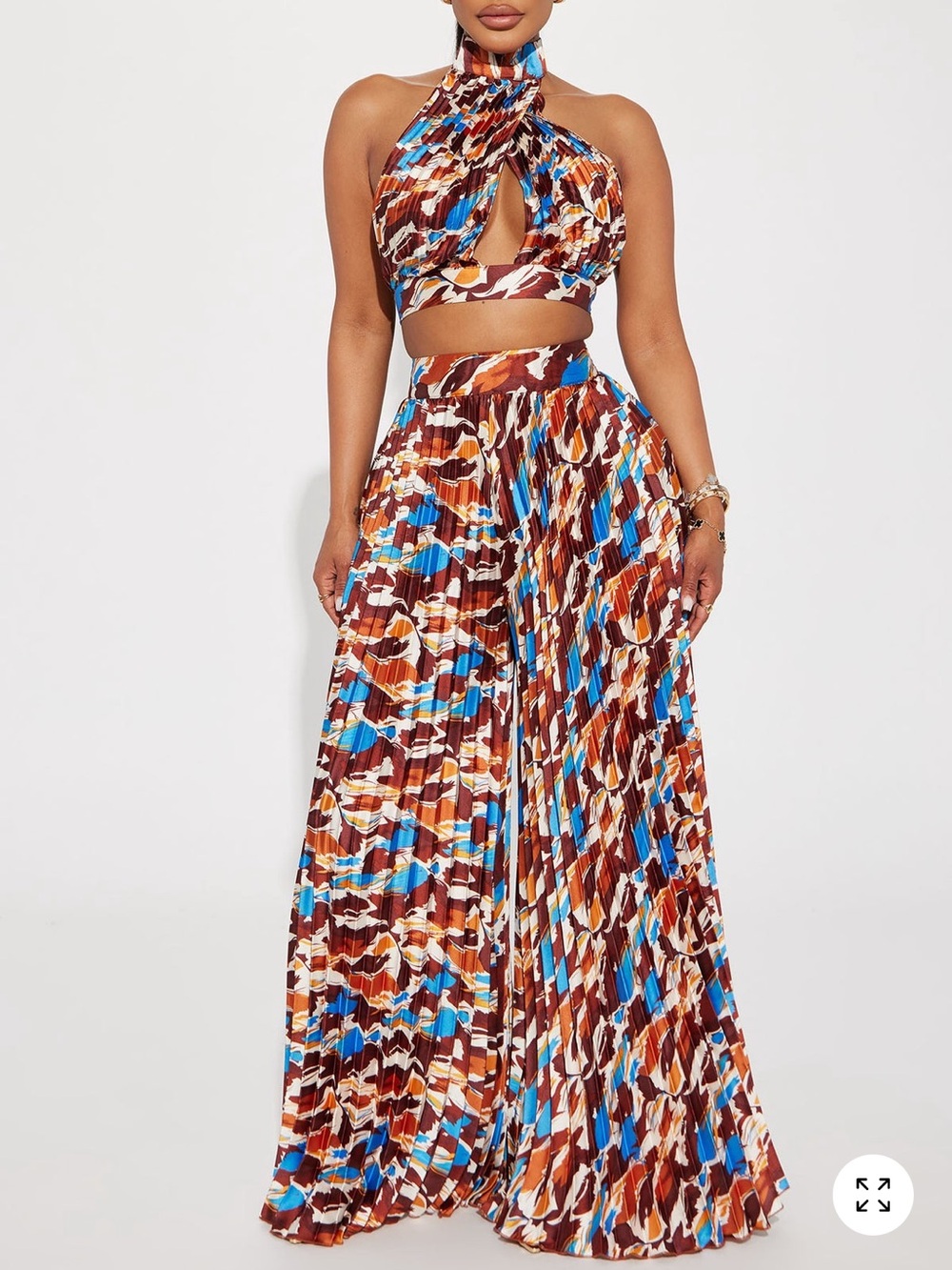 Fashion Nova Brown Blue Multi Pleated Wide Leg two piece set